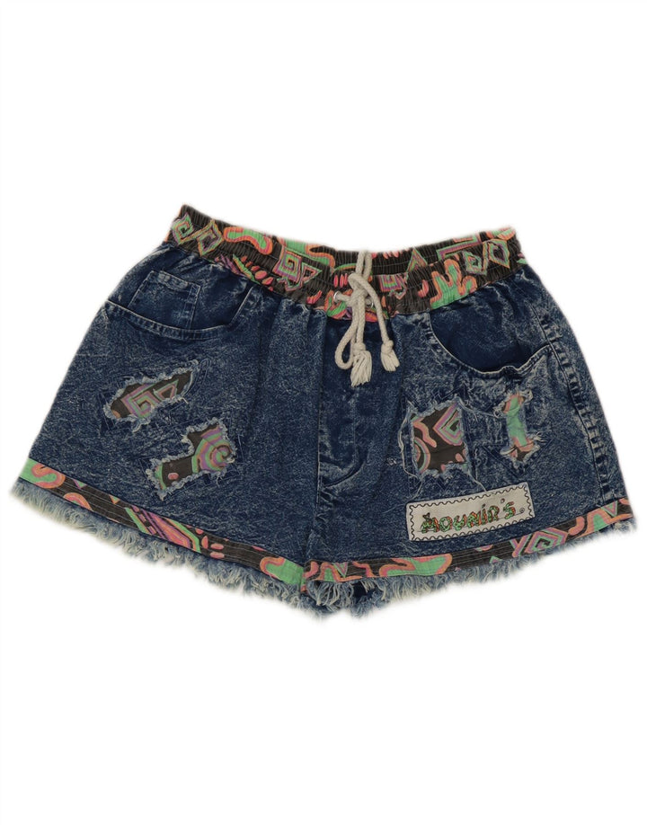 Shorts jeans feminino vintage médio W28 patchwork azul