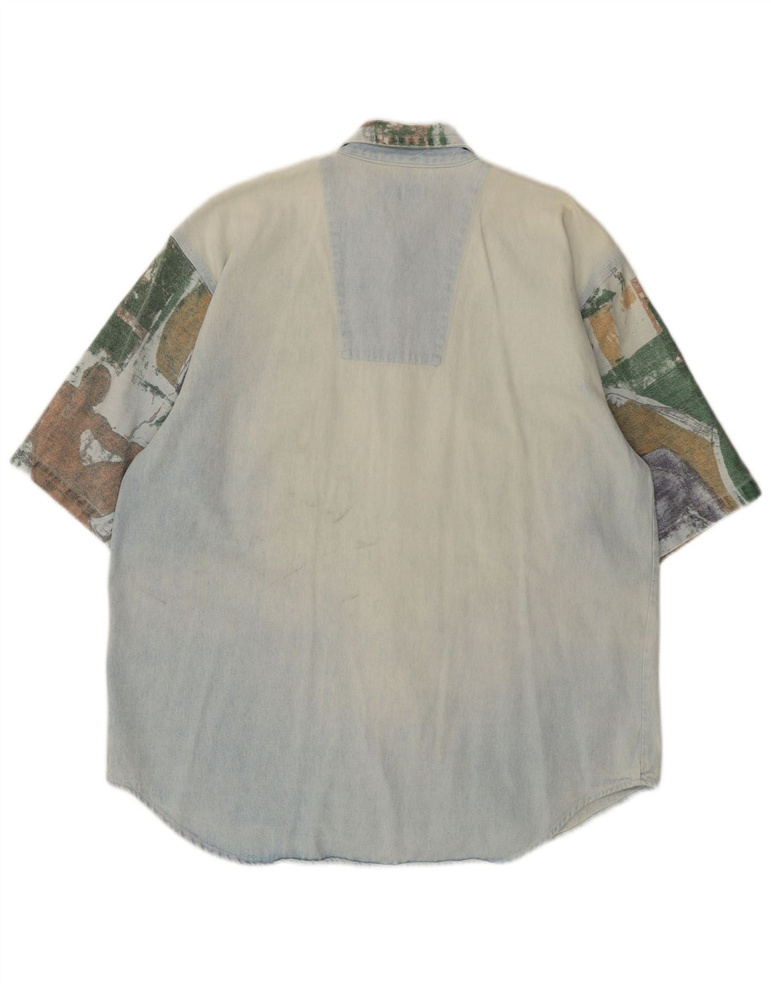 Camisa jeans masculina vintage de manga curta grande patchwork azul retrô