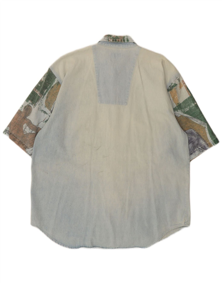 Camisa jeans masculina vintage de manga curta grande patchwork azul retrô