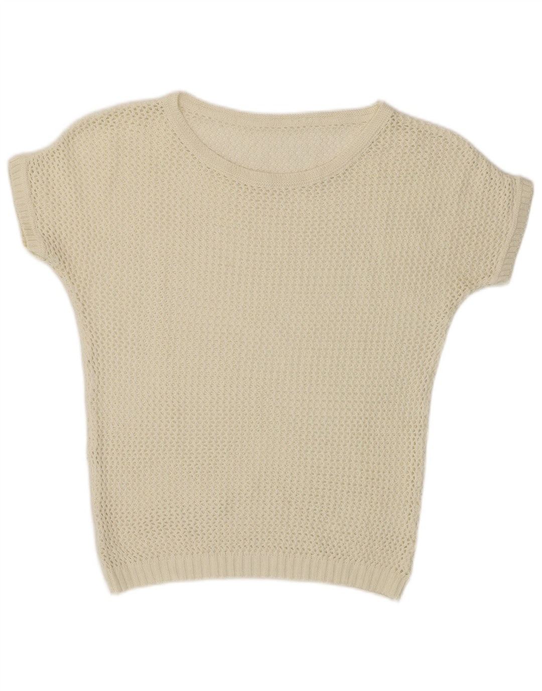 Suéter feminino vintage de manga curta com gola redonda UK 12 médio off white