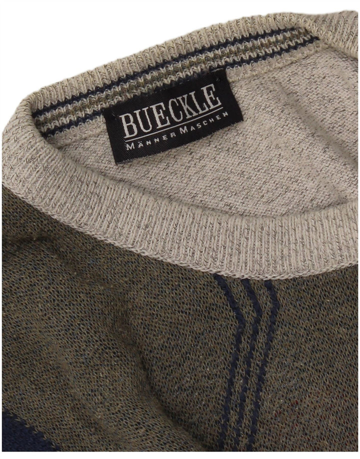 Suéter vintage masculino com gola redonda grande bloco colorido cinza