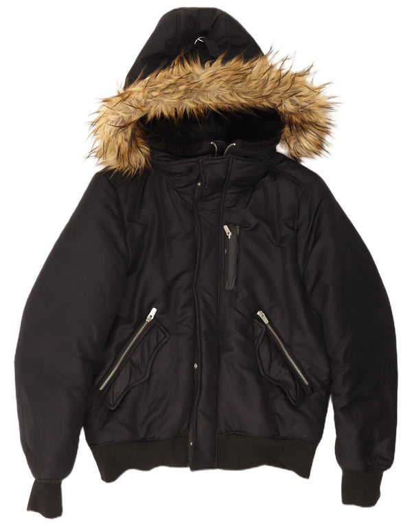 Jaqueta bomber masculina Zara com capuz Reino Unido 40 grande poliéster azul marinho