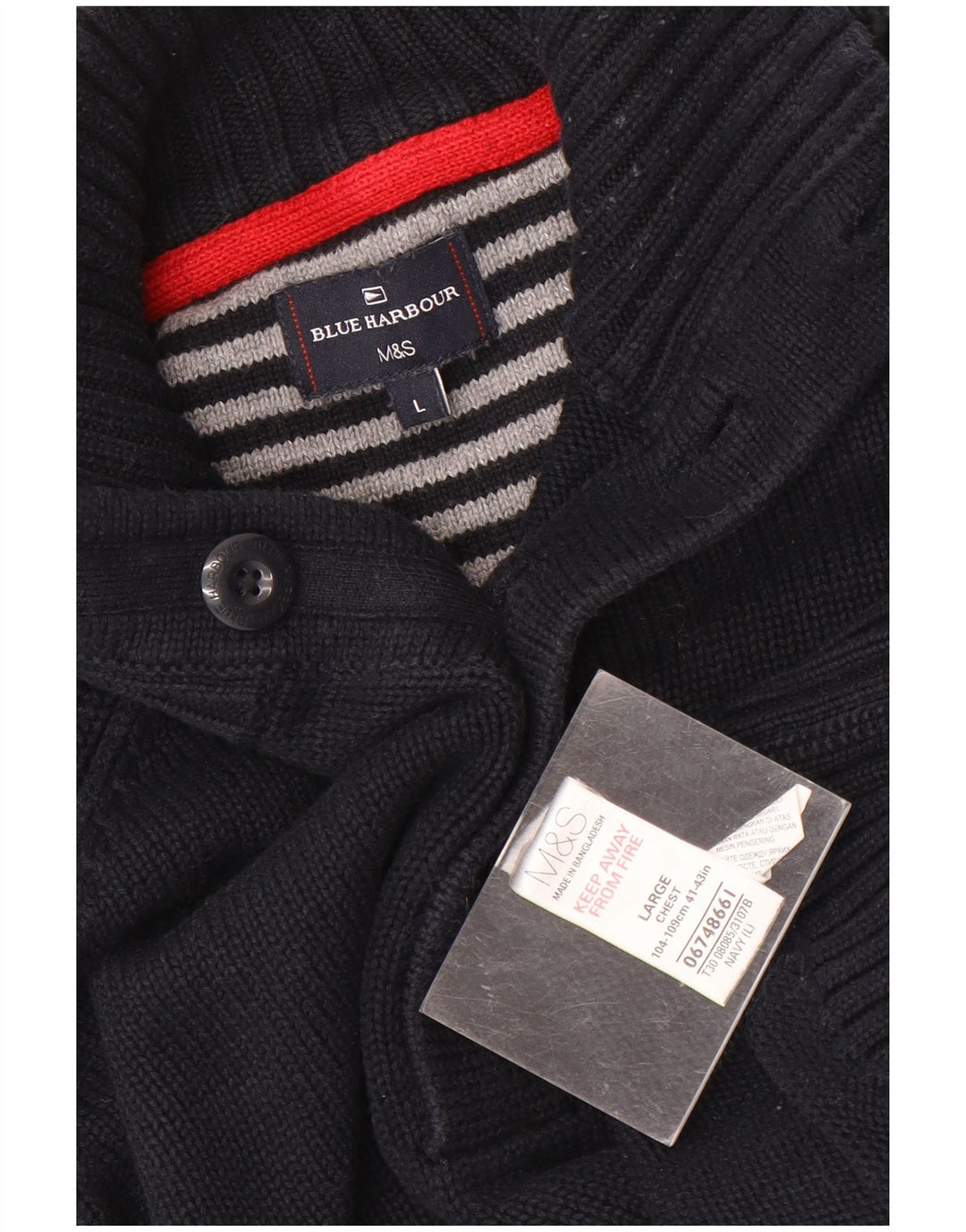 Suéter masculino Marks & Spencer com gola redonda e botão grande azul marinho