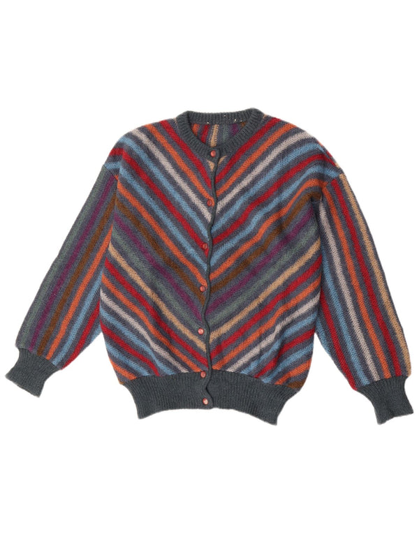 Suéter cardigã feminino vintage Reino Unido 14 lã listrada multicolorida média