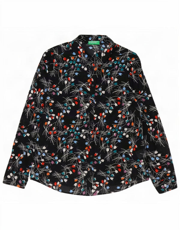 Camisa feminina Benetton UK 14 médio preto floral algodão