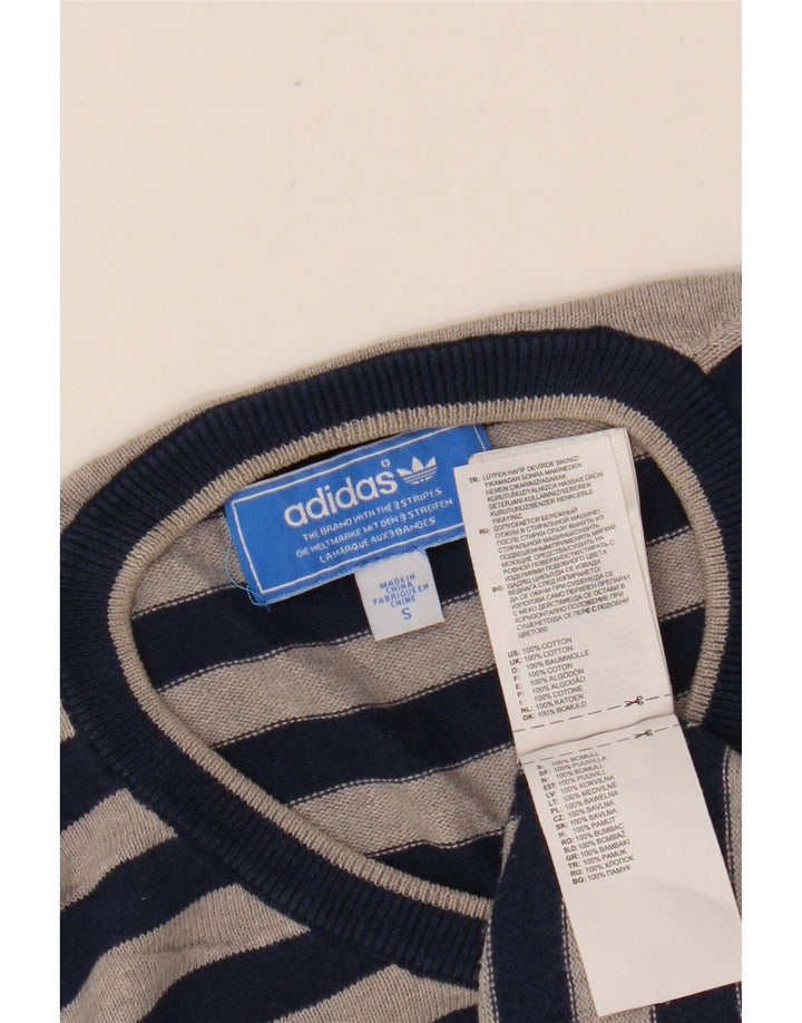 ADIDAS Suéter masculino com decote em V pequeno listrado azul marinho de algodão