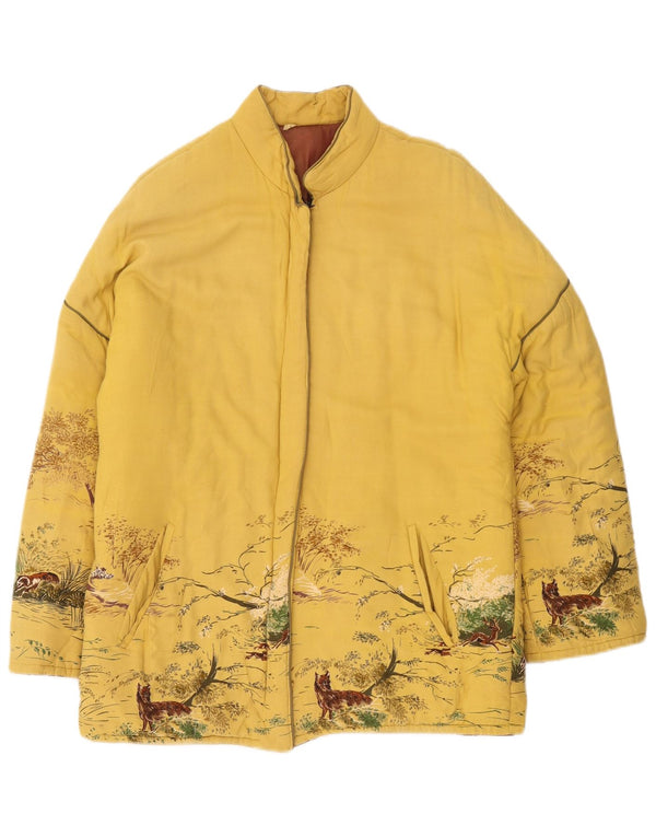 O revestimento animal acolchoado Reino Unido 16 das mulheres do vintage grande poliéster amarelo da cópia