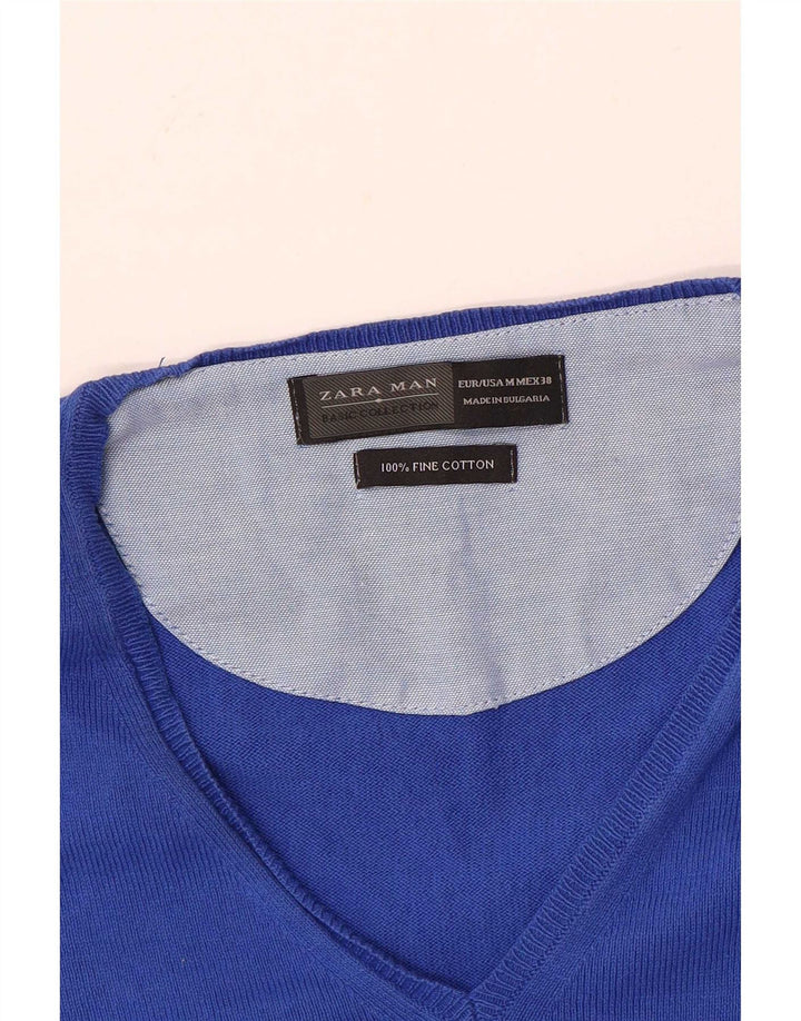 Zara Suéter masculino com gola V e algodão azul médio