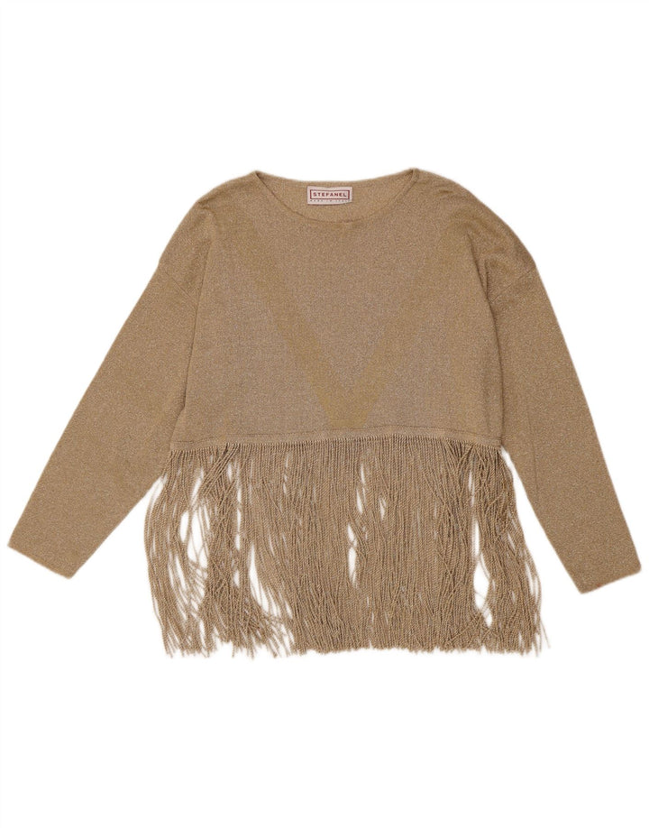 Stefanel Top feminino oversized manga comprida Reino Unido 14 Médio Ouro Cupro