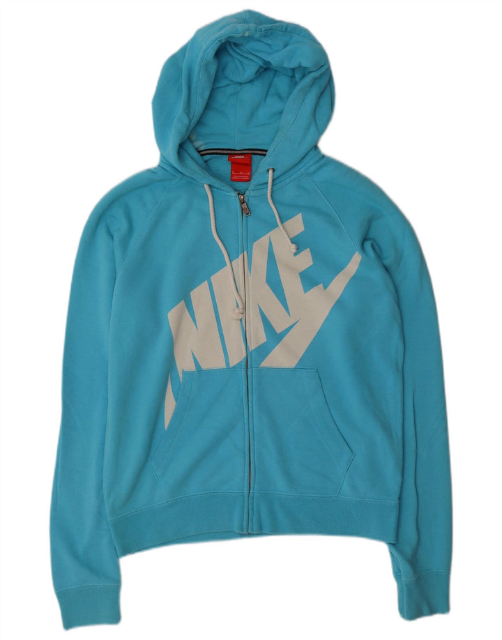 Suéter feminino Nike com capuz e zíper gráfico UK 14 médio azul algodão