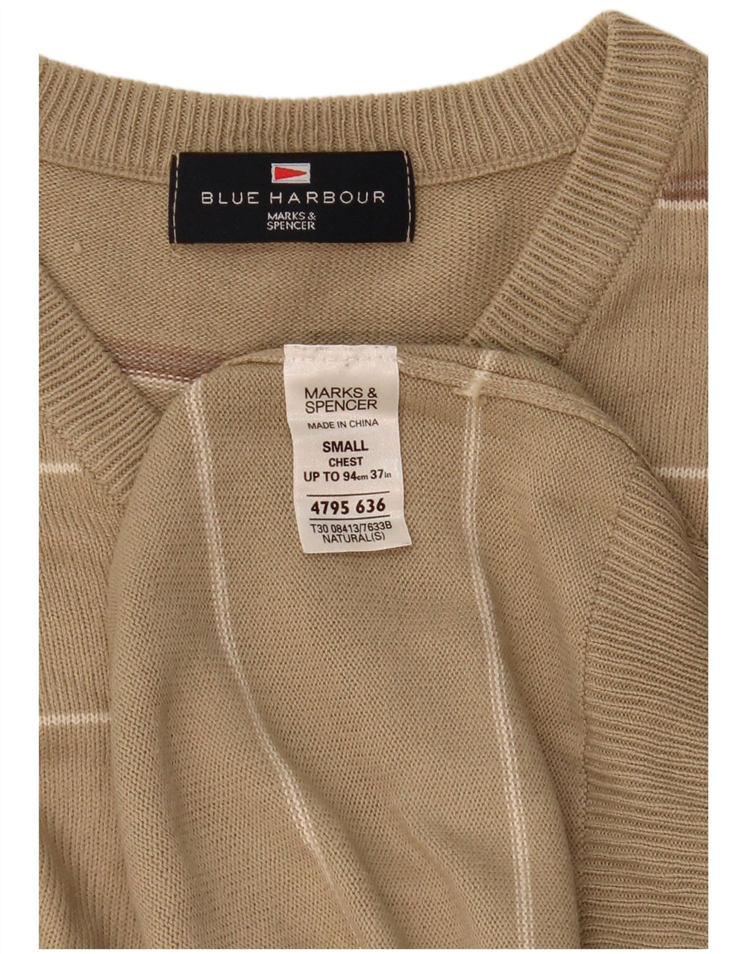 Suéter masculino Marks & Spencer Blue Harbor com decote em V pequeno listrado bege