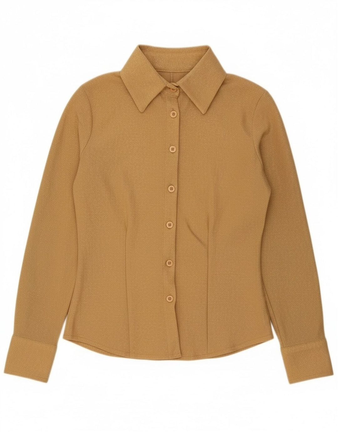 Camisa feminina vintage UK 10 pequena dourada poliéster