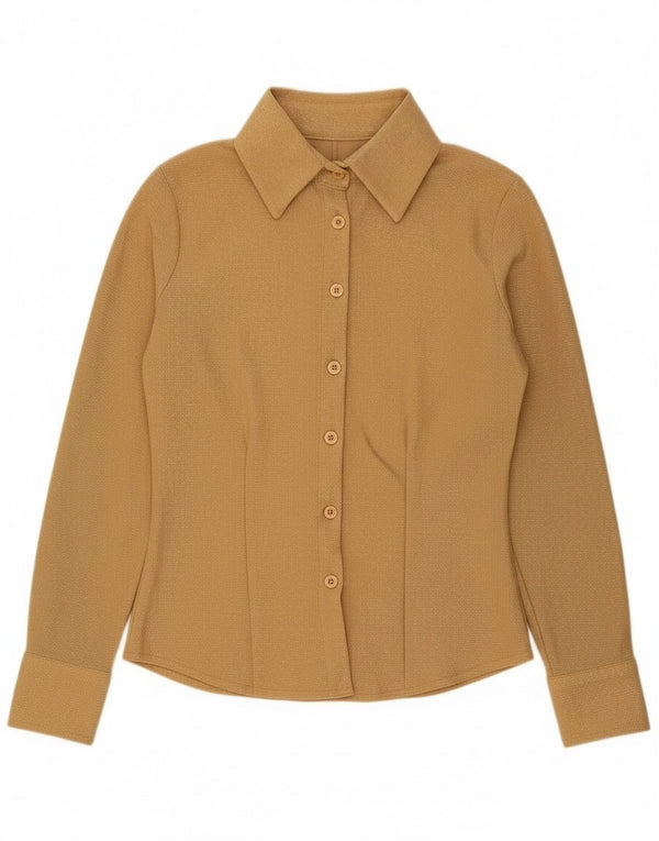 Camisa feminina vintage UK 10 pequena dourada poliéster