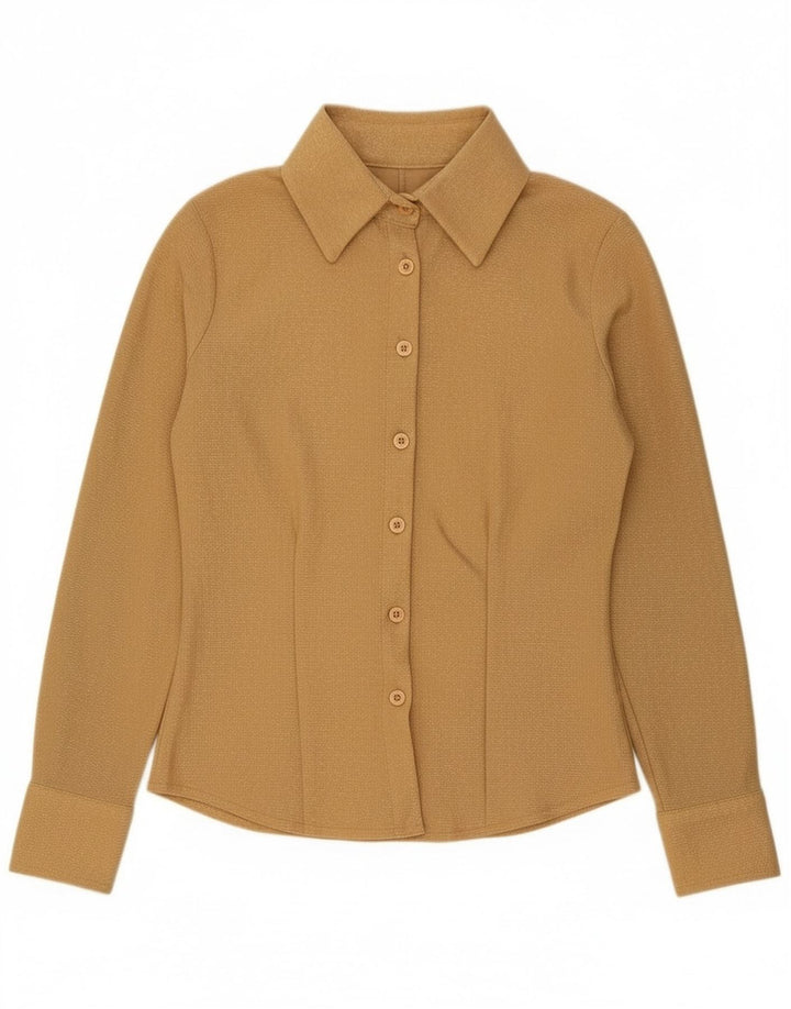 Camisa feminina vintage UK 10 pequena dourada poliéster