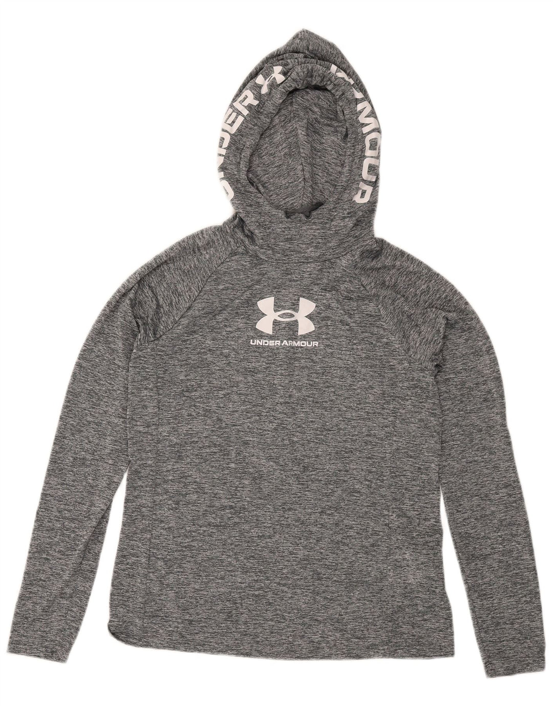 Camiseta masculina Under Armour com capuz gráfico manga comprida cinza médio manchado