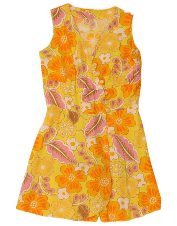 Vestido feminino vintage sem mangas evasê UK 12 floral amarelo médio