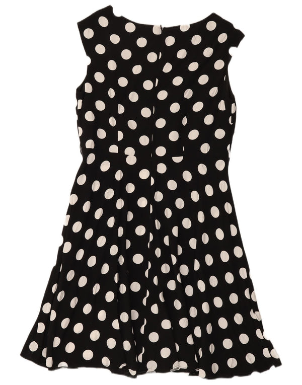 Vestido feminino Wallis sem mangas evasê UK 14 grande preto bolinhas viscose