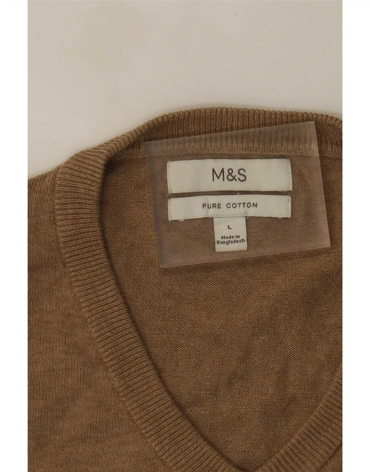 Suéter masculino Marks & Spencer com decote em V grande algodão marrom