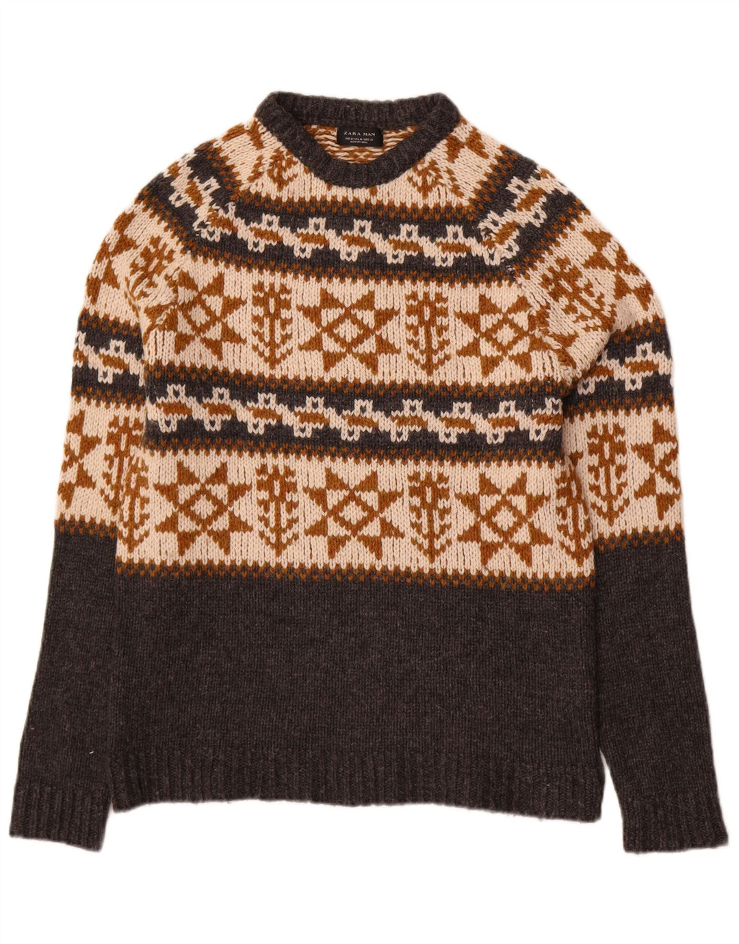 Zara Suéter masculino com gola redonda cinza médio Fair Isle Acrílico