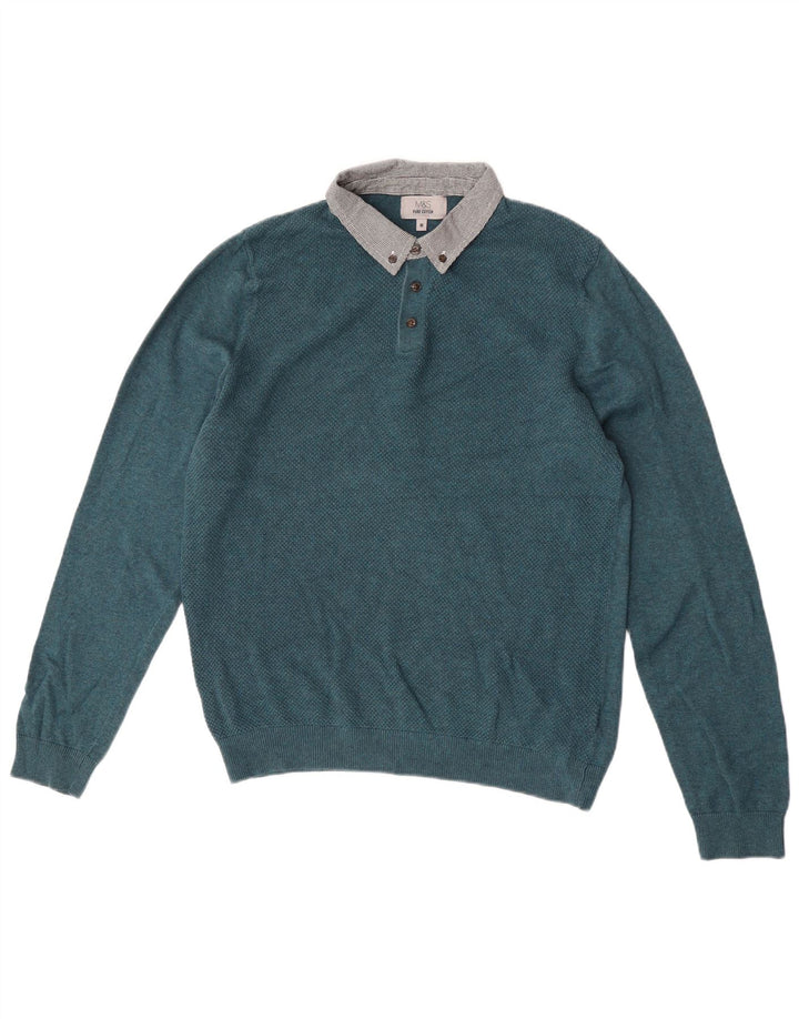 Suéter masculino Marks & Spencer com gola polo e bloco colorido verde médio