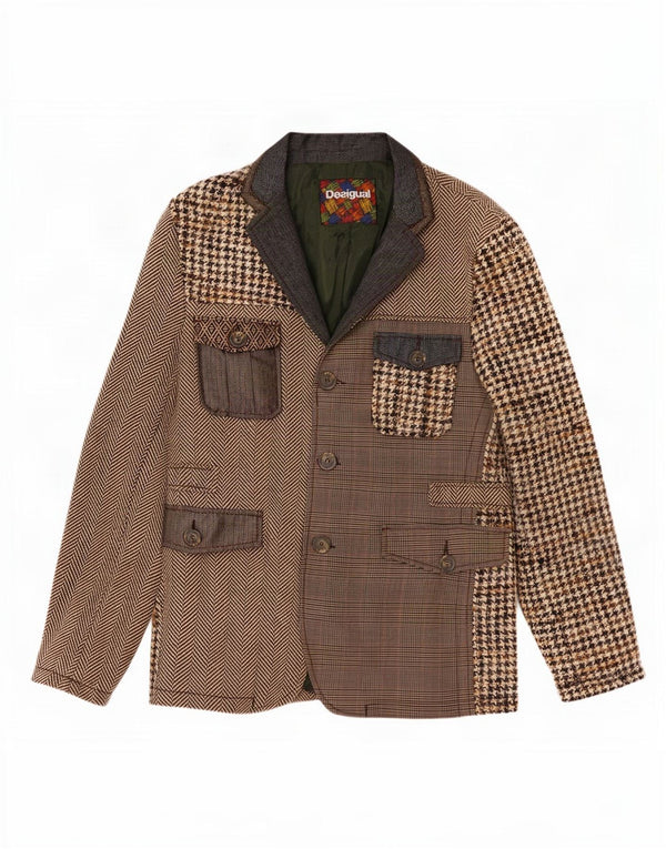 Jaqueta Blazer Desigual Masculina com 3 Botões EU 56 3XL Marrom Patchwork Lã