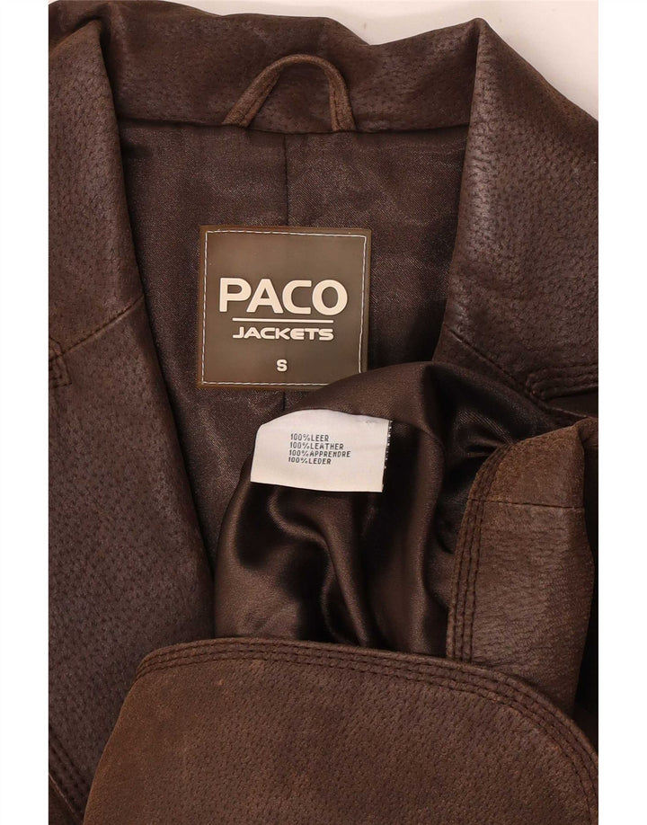 Jaqueta blazer feminina de couro com 2 botões Paco Reino Unido 10 pequena marrom