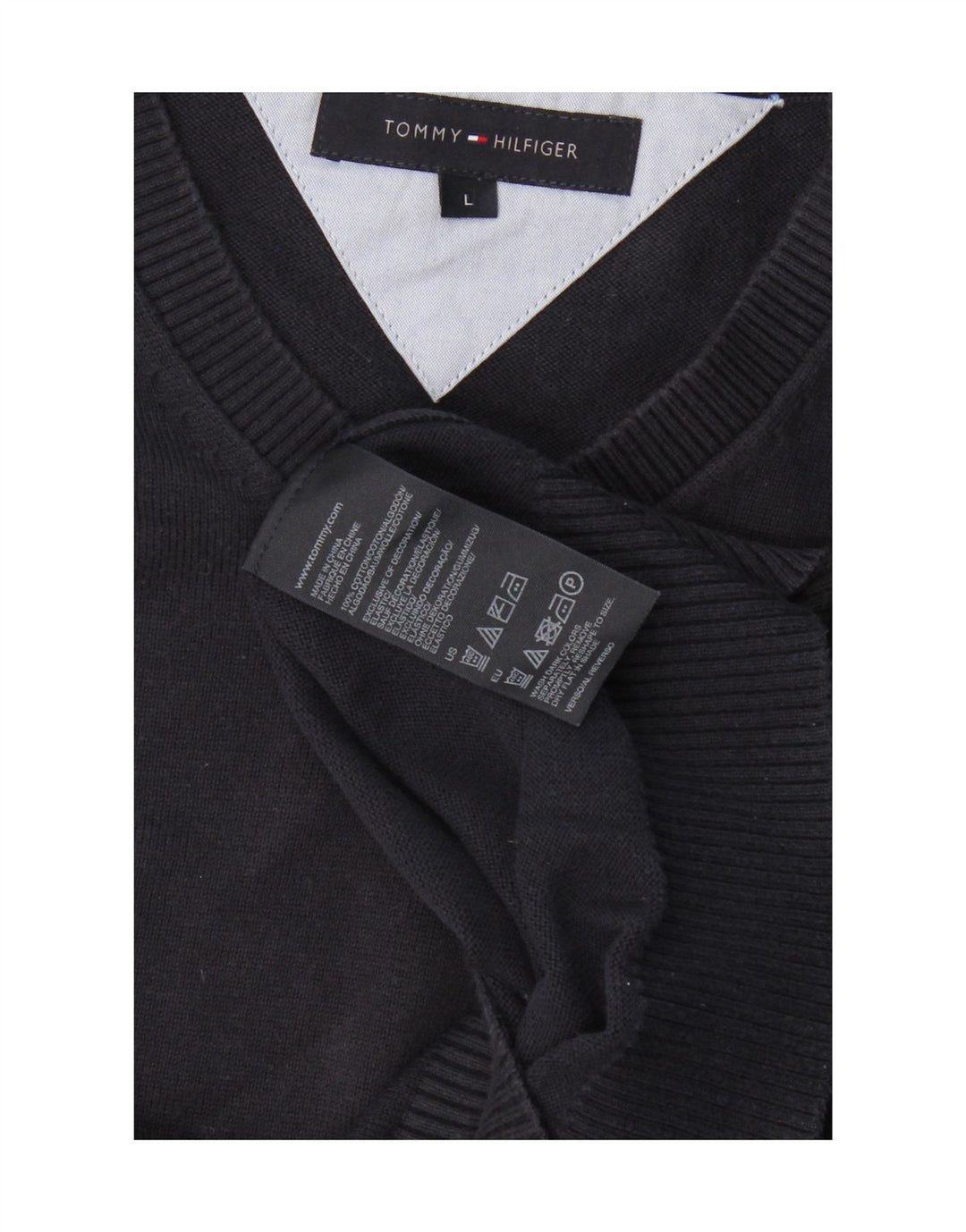 TOMMY HILFIGER Mens V-Neck Jumper Sweater Large Navy Blue Cotton Vintage Tommy Hilfiger and Second-Hand Tommy Hilfiger from Messina Hembry 