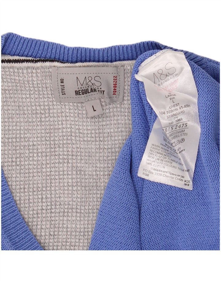 Suéter masculino Marks & Spencer com ajuste regular e decote em V, grande algodão azul