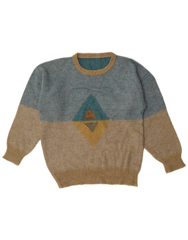 Suéter masculino vintage com gola redonda e bloco colorido azul médio