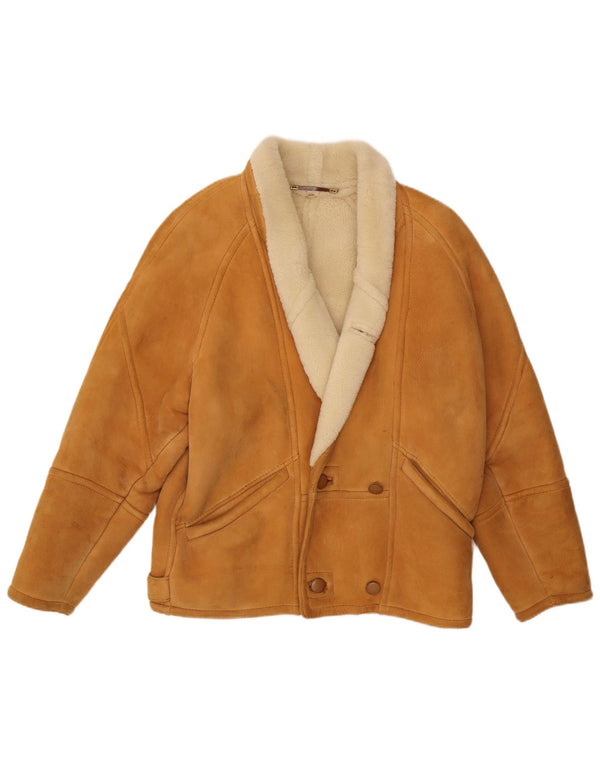 Jaqueta masculina vintage de peito duplo shearling UK 42 XL bege
