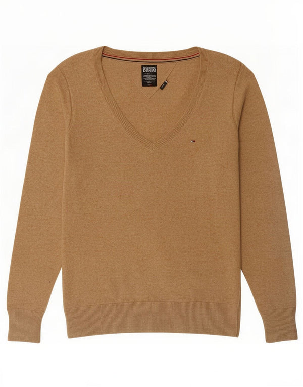 Suéter feminino Tommy Hilfiger com decote em V Reino Unido 14 algodão bege médio