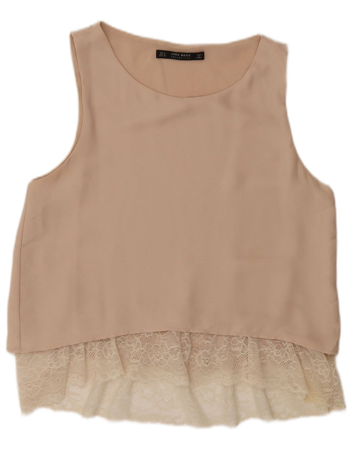 Blusa feminina sem mangas Zara Top UK 10 Pequeno Bege