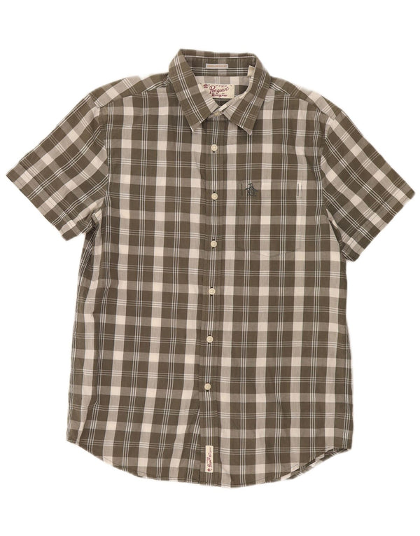 Camisa masculina Penguin Heritage manga curta slim fit médio cáqui algodão xadrez
