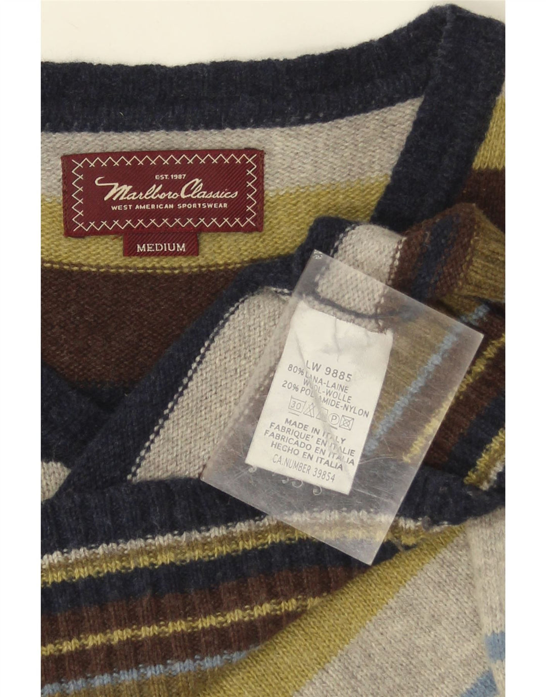 Suéter masculino Marlboro Classics com decote em V médio listrado multicolorido