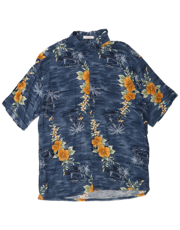 Camisa masculina de manga curta Pierre Cardin grande rayon floral azul marinho