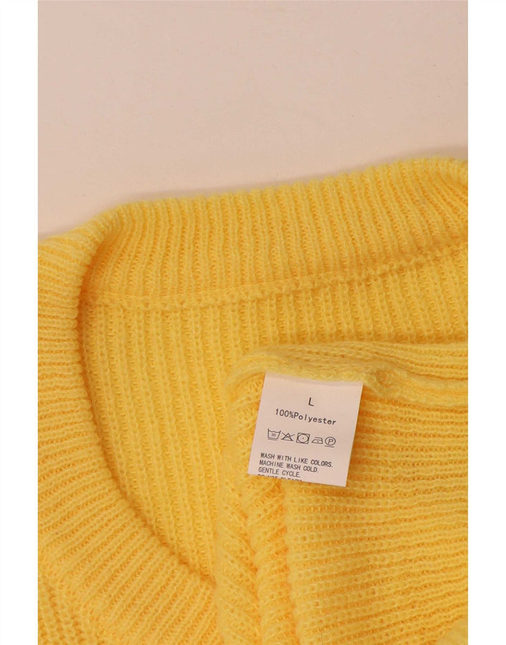Suéter feminino vintage com decote em V Reino Unido 16 grande poliéster amarelo