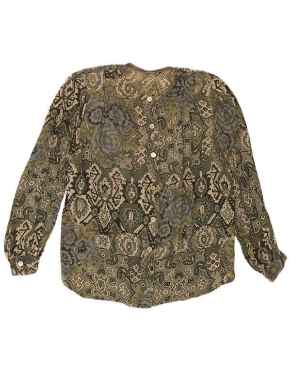 Blusa feminina vintage UK 16 grande cáqui geométrica