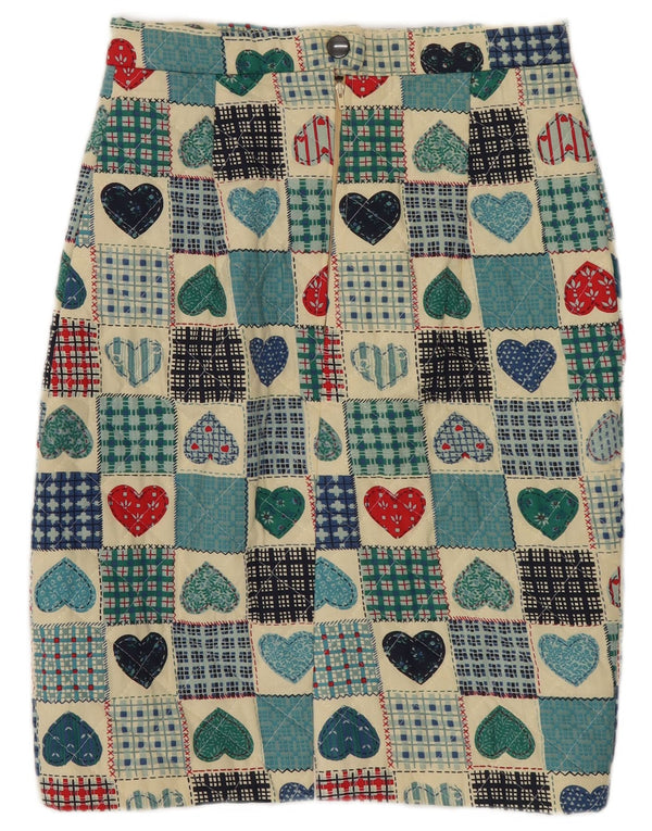 Saia lápis acolchoada feminina vintage W25 XS patchwork multicolorido