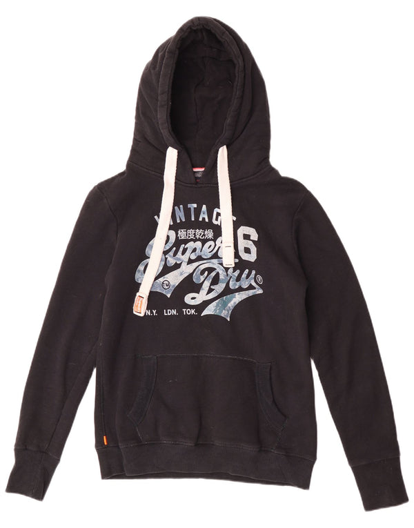 Superdry feminino gráfico moletom com capuz UK 14 médio algodão preto