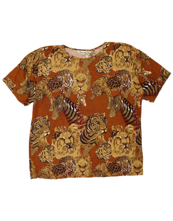 Camiseta feminina vintage UK 16 grande marrom estampa animal viscose