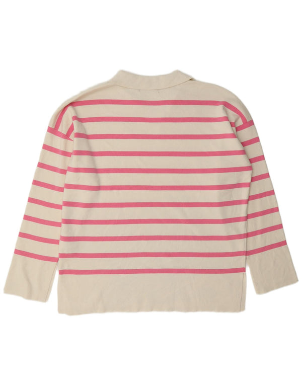 Suéter feminino Marks & Spencer com gola polo e listras brancas grandes UK 14