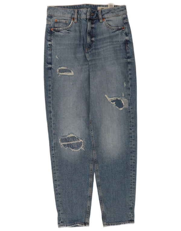 Calça jeans feminina Marks & Spencer Mom Tapered UK 10 pequena W28 L30 azul
