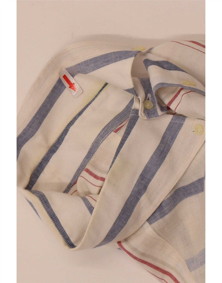 Lacoste camisa masculina de manga curta tamanho 42 linho listrado branco grande