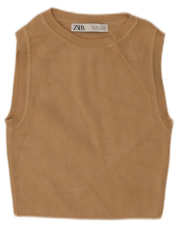 Zara Womens Crop Vest Top UK 8 Pequeno Marrom Viscose