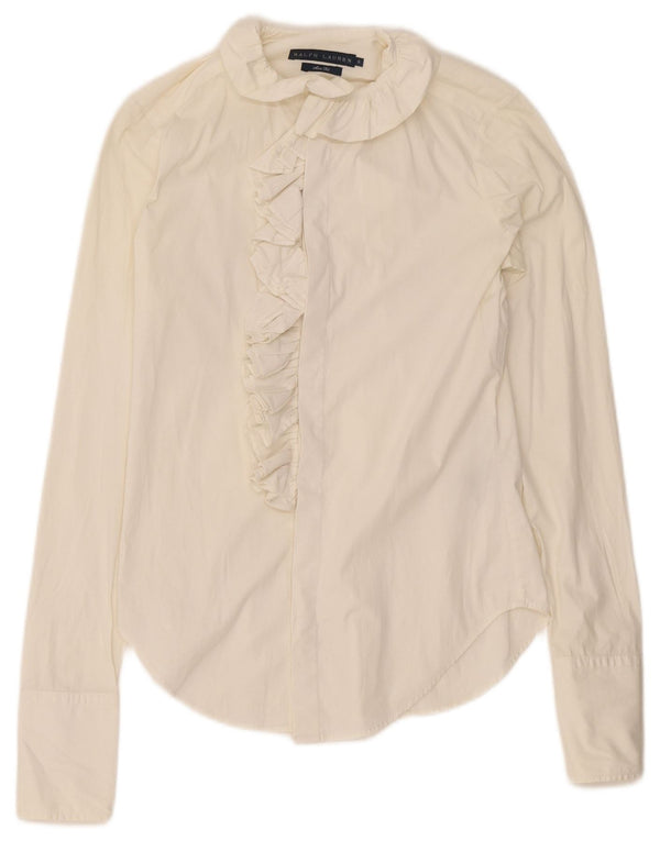 Camisa feminina Ralph Lauren com babados na frente EUA 6 algodão branco médio