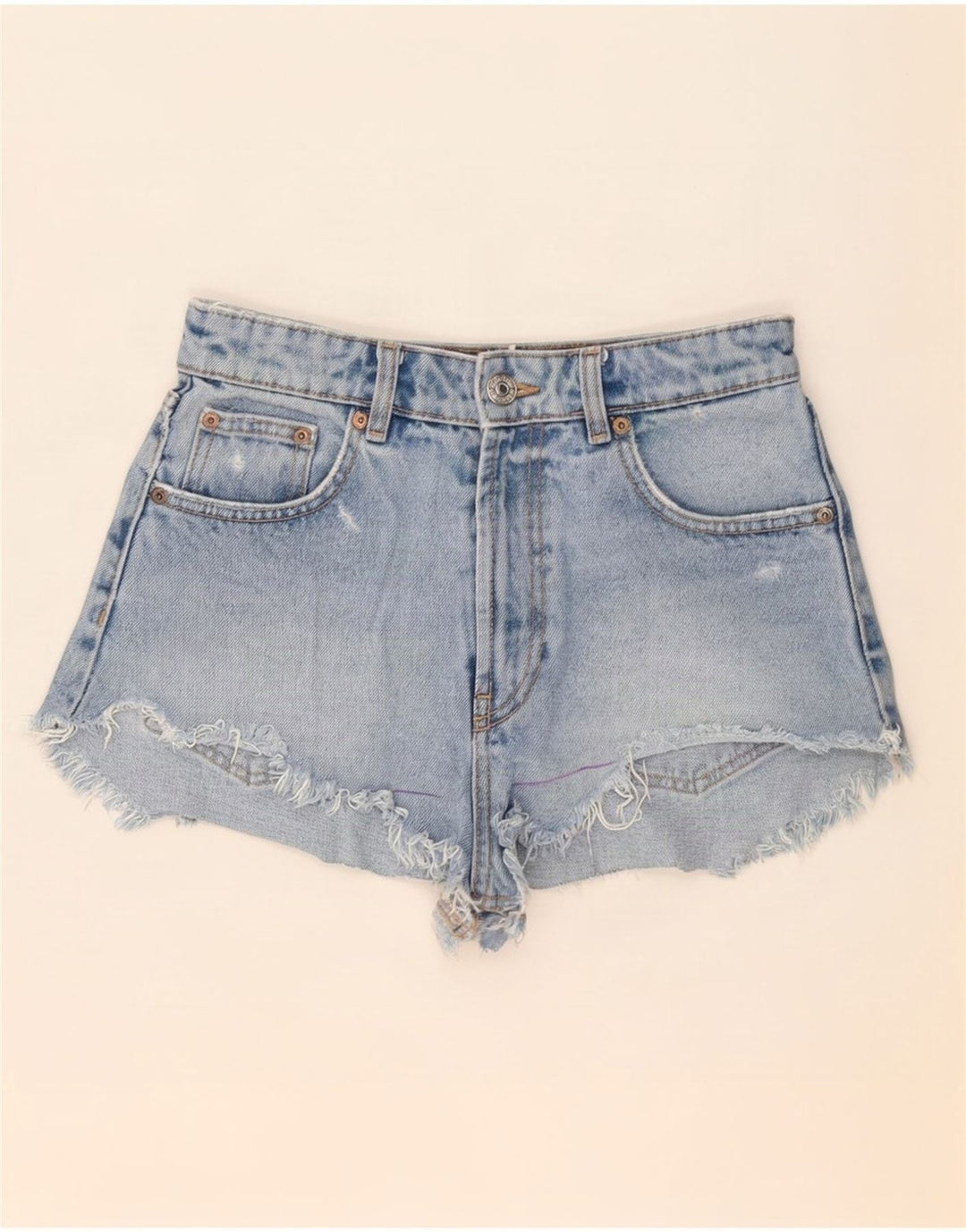 Shorts jeans feminino vintage desgastado pequeno W26 azul
