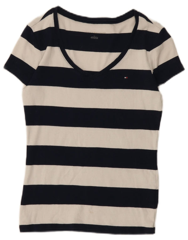 Camiseta feminina Tommy Hilfiger UK 8 pequena listrada azul marinho algodão