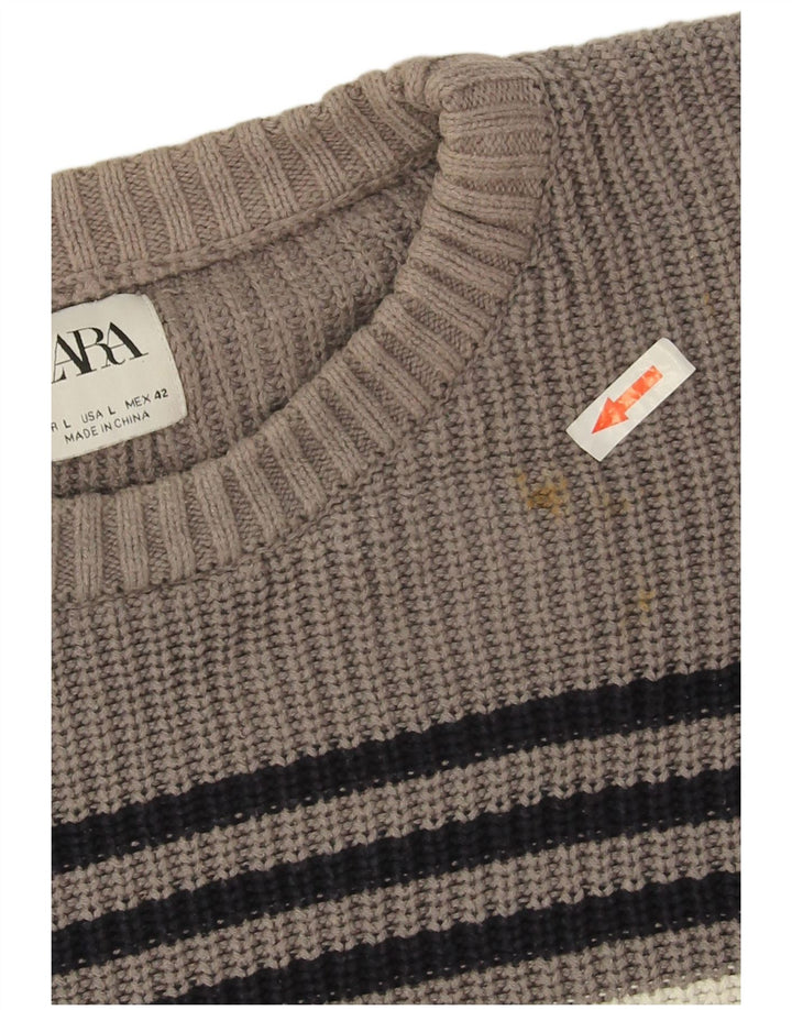 Zara Suéter masculino com gola redonda grande listrado cinza