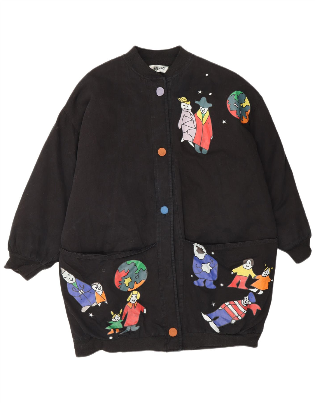 Vintage Womens Graphic Oversized Bomber Jacket UK 18 XL Black