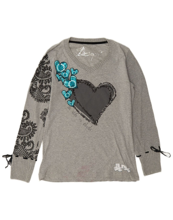 Top gráfico feminino Desigual manga comprida UK 14 grande algodão paisley cinza